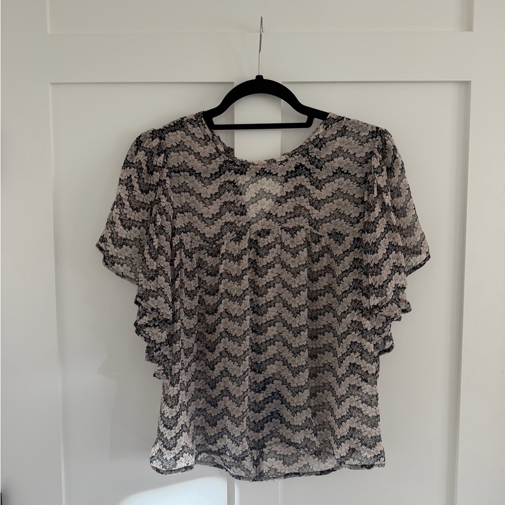 The Kooples Sheer Floral Silk Blouse, Black and Cream